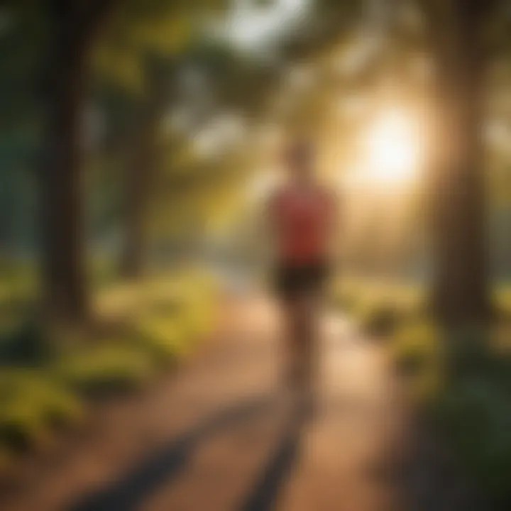 An individual jogging in a picturesque park during sunrise