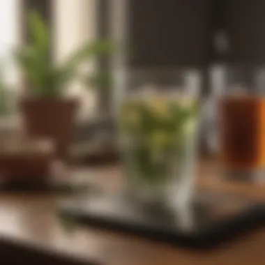 A close-up of a water glass and herbal teas on a table