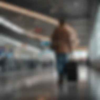 Passenger with luggage walking through airport terminal