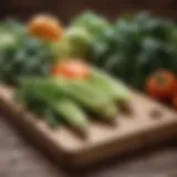 Fresh green vegetables on a wooden cutting board