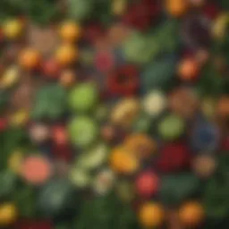 Vibrant array of alkaline foods including leafy greens, fruits, and nuts