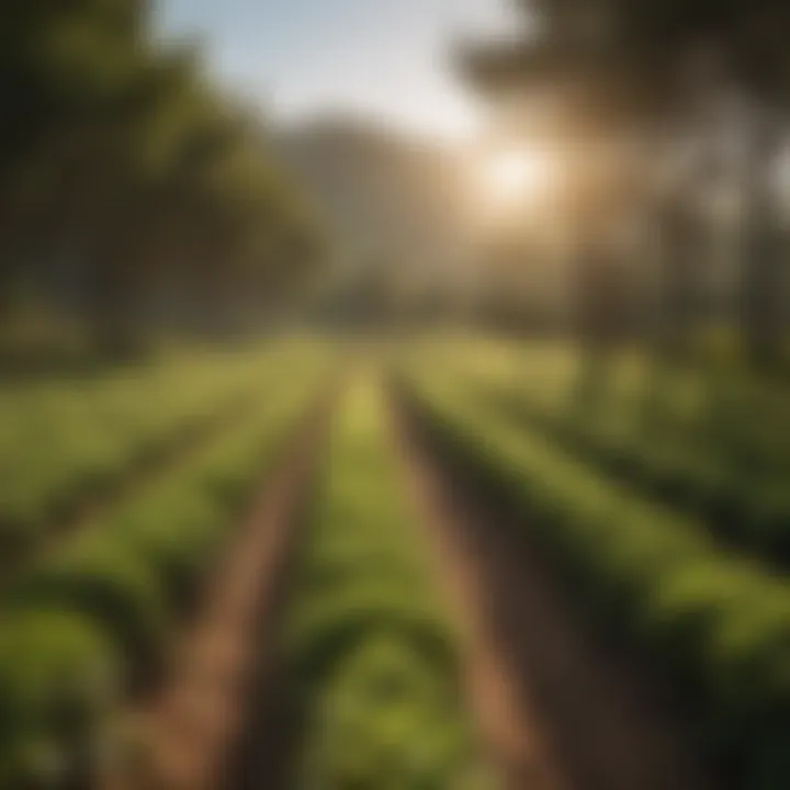 Tea plantation with rows of tea bushes under sunlight