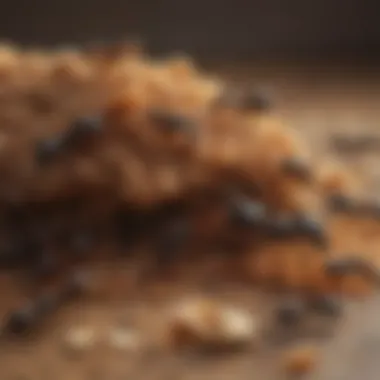 Ants gathering around food crumbs