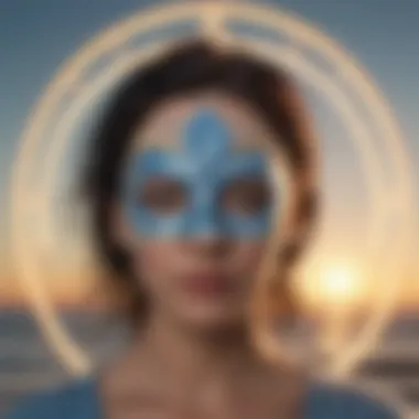 Artistic depiction of a person wearing a mask with Aquarius Rising symbol overlaid