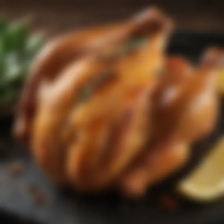 Close-up of succulent baked chicken with a glaze of lemon and spices