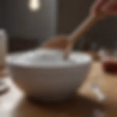 Baking soda in a ceramic bowl with a wooden spoon