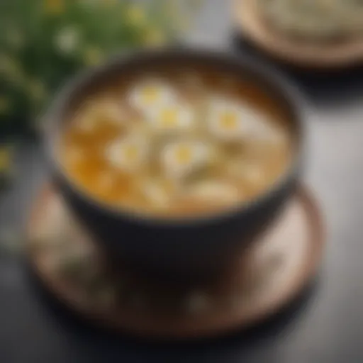 A tranquil bowl of warm chamomile tea with fresh flowers