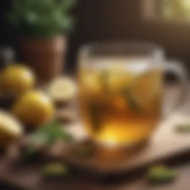 Herbal tea with ginger and lemon on a wooden table