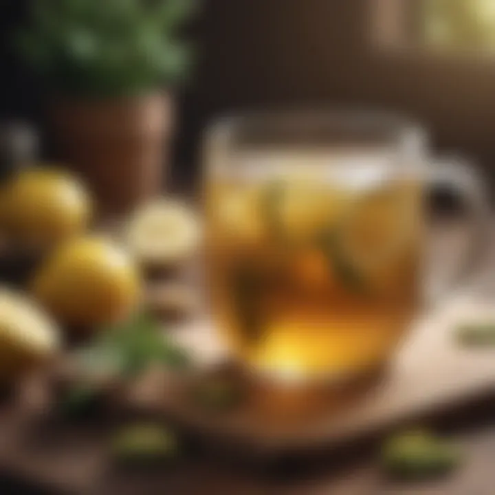 Herbal tea with ginger and lemon on a wooden table