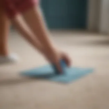 A person using a cloth to blot a carpet stain.