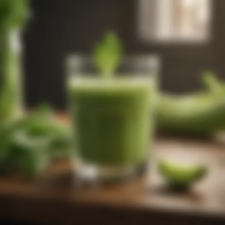 A bowl of celery juice served in a clear glass, emphasizing its refreshing nature.