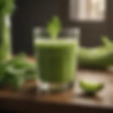 Refreshing Celery Juice A bowl of celery juice served in a clear glass, emphasizing its refreshing nature.