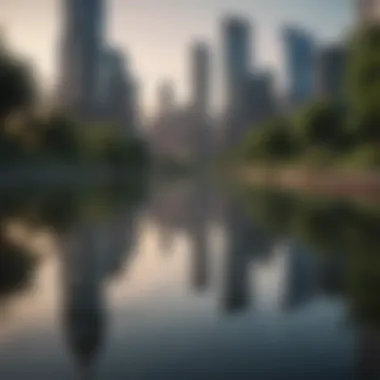 Reflection of city skyline on water with walking path