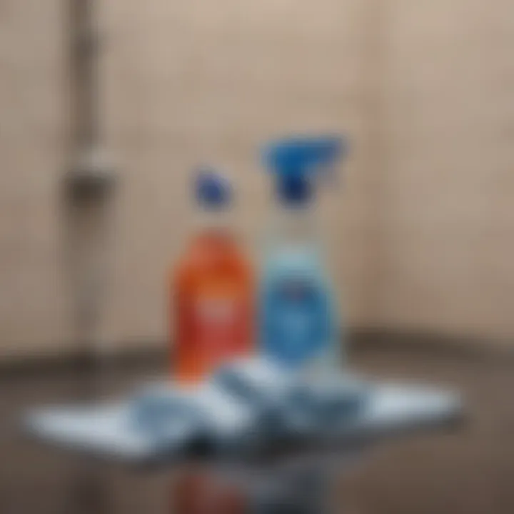 Close-up of a spray bottle and cleaning cloth on a tiled surface