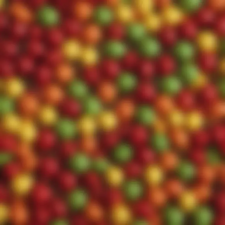 Close-up of individual Skittles candies in various colors