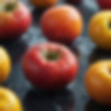 Variety of colorful fruits in a water droplet background