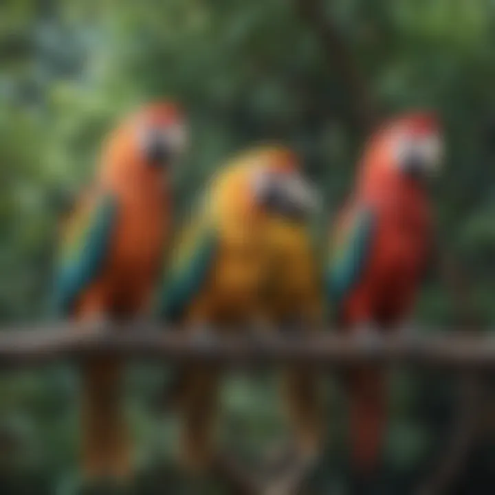 Colorful parrots perched on a tree branch