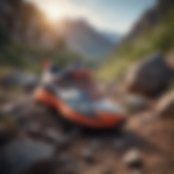 Close-up of colorful running shoes on a rocky trail