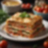 A layered lasagna showcasing vibrant vegetables and rich sauce