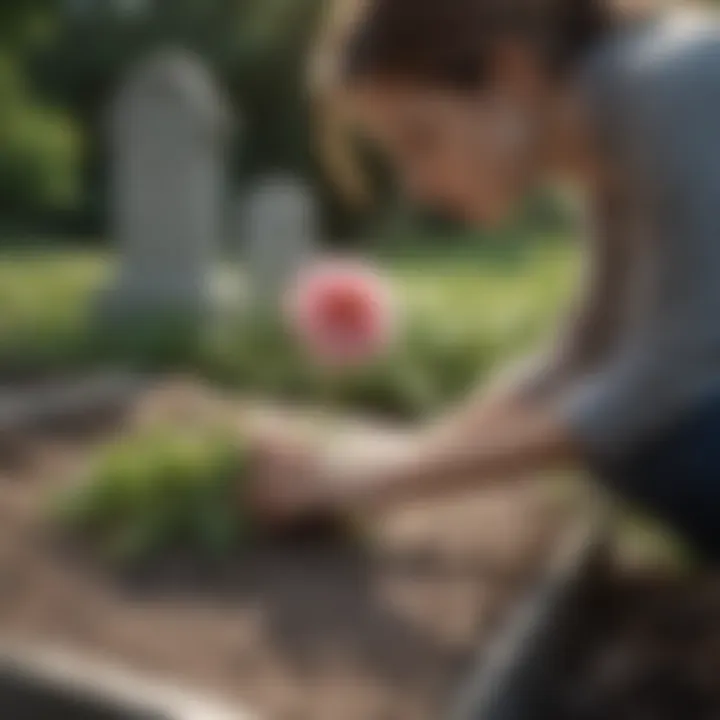 A gentle hand placing a flower on a grave, showcasing compassion