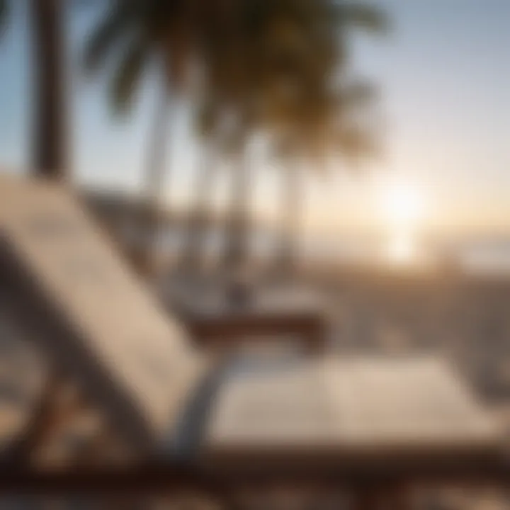 A serene beach with a book on a lounge chair