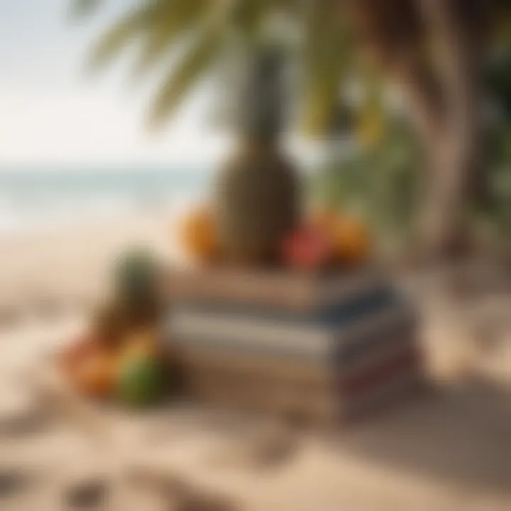 A stack of books with tropical fruits on a sandy beach