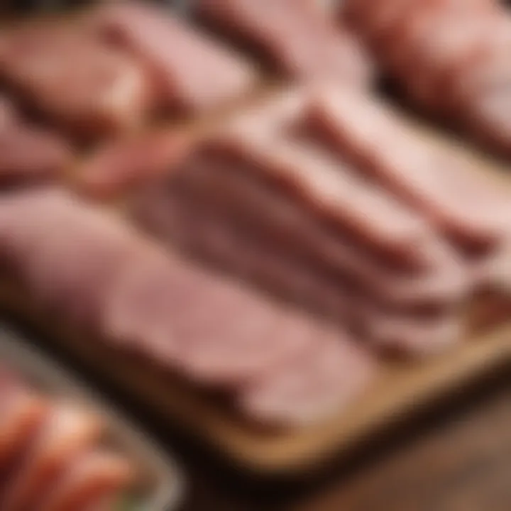 A visual representation of deli meats displayed on a wooden board