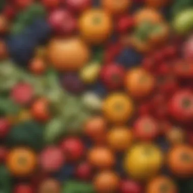A vibrant assortment of colorful fruits and vegetables arranged artistically, showcasing the beauty of healthy eating.