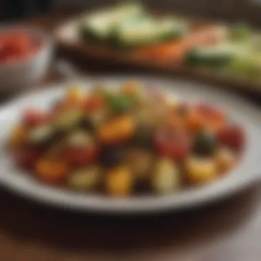 A plate of roasted vegetables, including bell peppers and zucchini, drizzled with olive oil, illustrating a simple yet effective dish.