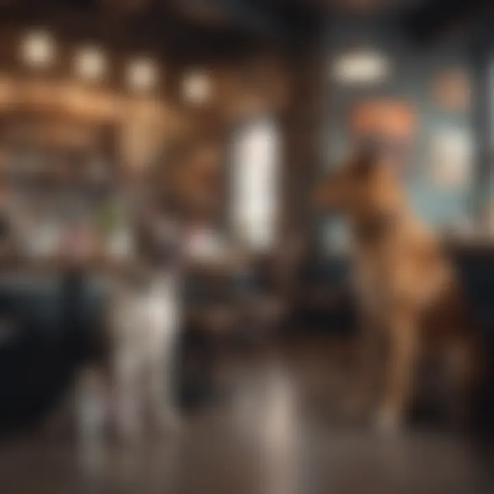 Dogs of different breeds mingling with patrons in a trendy cafe