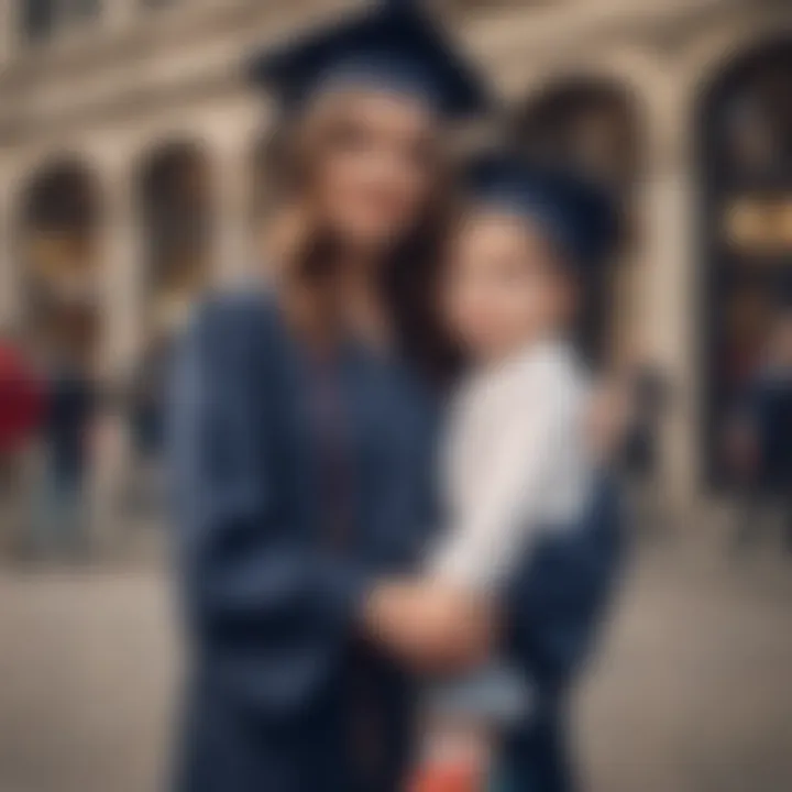 Mother in a casual yet stylish outfit celebrating graduation with her child