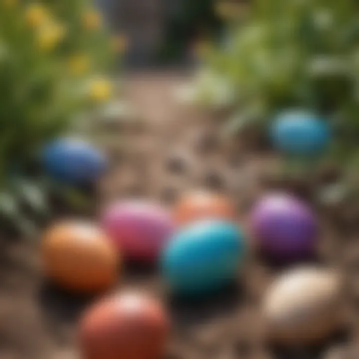 Colorful Easter eggs hidden around a garden for an outdoor scavenger hunt.