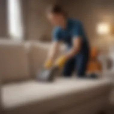 Professional cleaner addressing upholstery stain