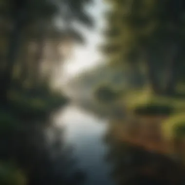 Finding Peace in Nature A serene landscape showcasing a tranquil lake surrounded by lush greenery.