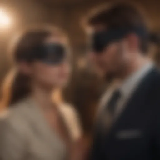 Blindfolded Couple Engaged in Deep Conversation