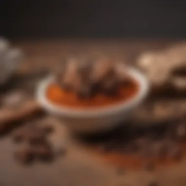 A vibrant display of spices like cinnamon and cocoa next to coffee