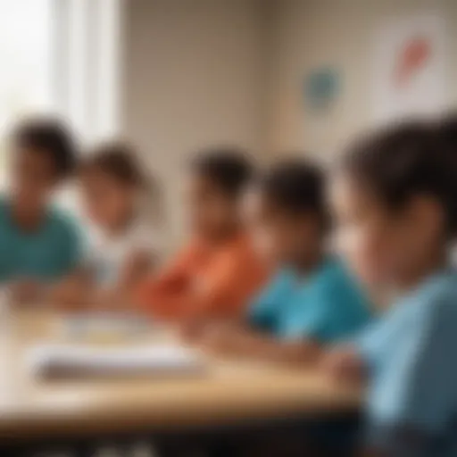 Illustration of a group of diverse kindergarten students engaged in a literacy activity