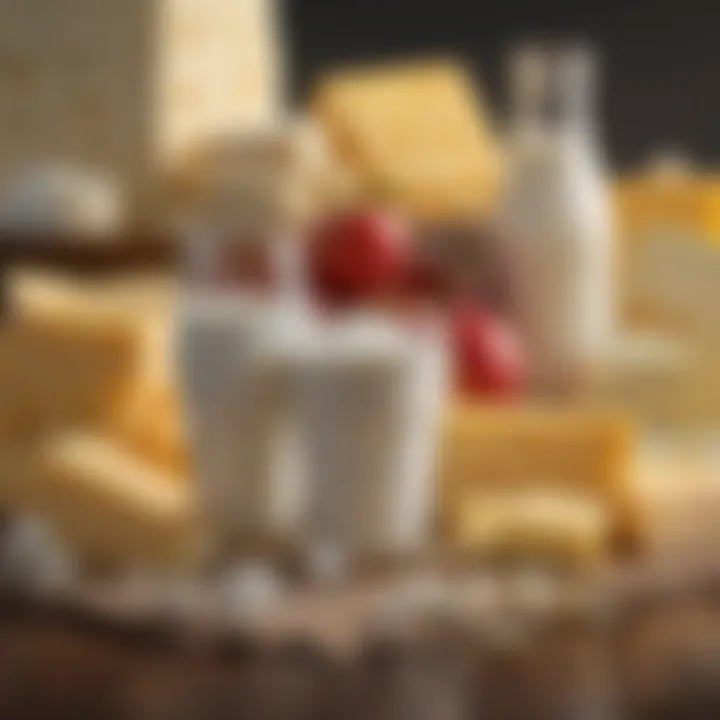 A close-up of a glass of milk surrounded by various cheese types