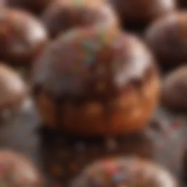 Close-up of a chocolate glazed Munchkin with sprinkles.