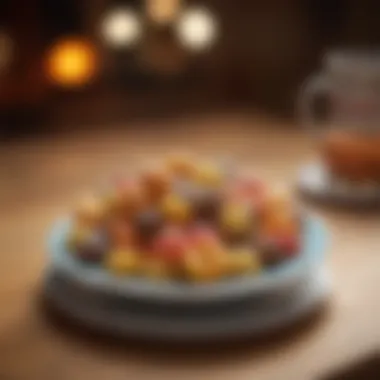 A vibrant display of different flavored Munchkins on a decorative plate.