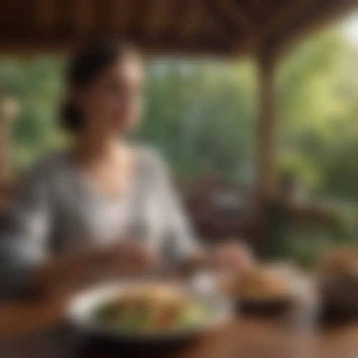 A person enjoying a low-carb dish in a scenic dining environment.