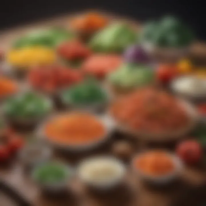 A colorful assortment of low-carb vegetables and proteins on a wooden table.