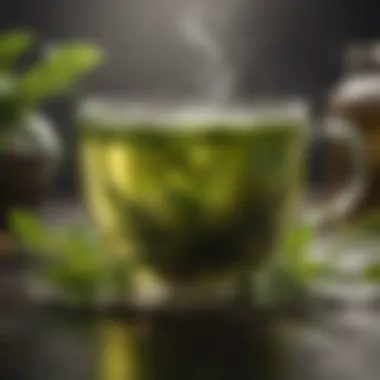 A steaming cup of green tea surrounded by fresh herbal ingredients