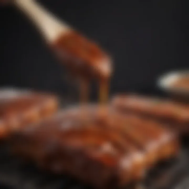 Close-up of a barbecue sauce drizzling over ribs