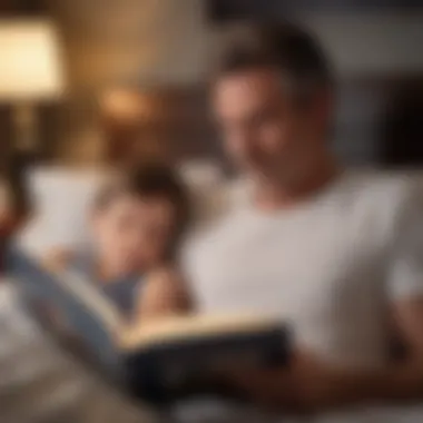 Bedtime Stories: Nurturing Dreams and Values An intimate scene of a father reading to his son before bedtime.