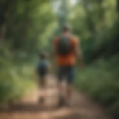 A father guiding his son as they walk along a scenic trail.