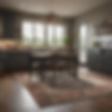 A beautifully designed kitchen space showcasing a fixer upper rug under the dining table