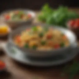 A delectable bowl of gluten-free pasta topped with fresh herbs and vibrant vegetables.