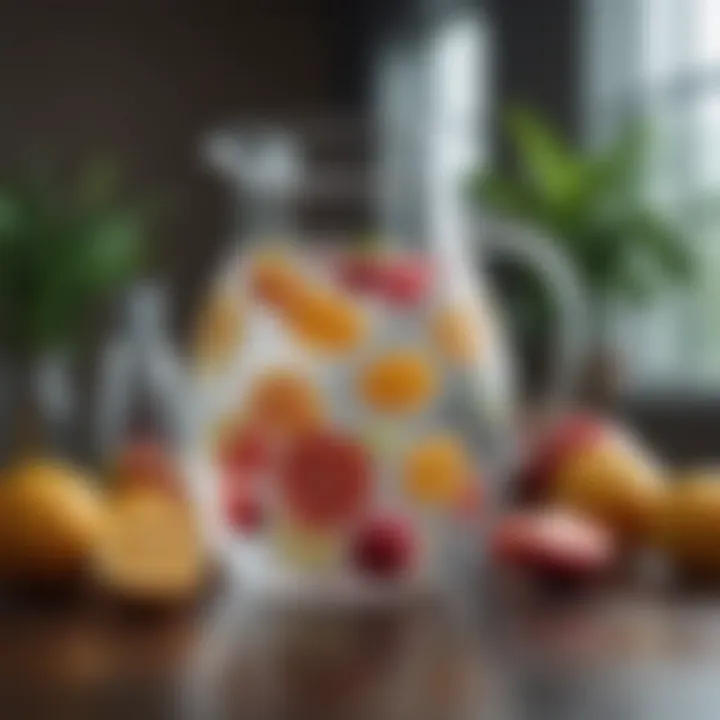 A serene setting featuring a pitcher of infused water and fresh fruit on a table