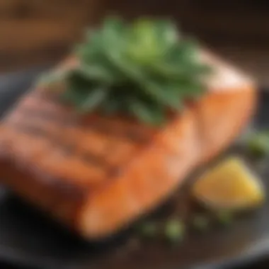 Tasty grilled salmon fillet with herb garnish